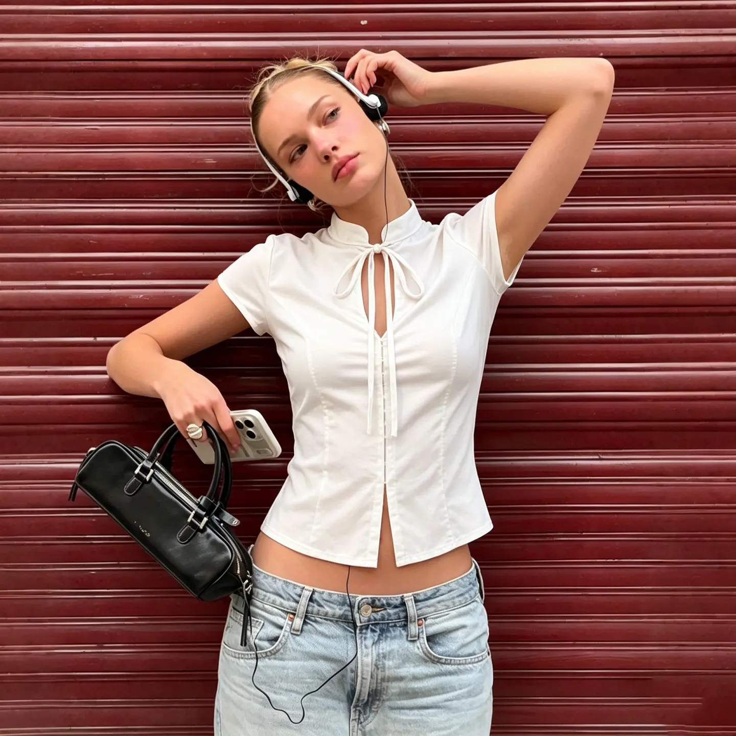 Women's 2026 Summer Solid Color Stand Collar Tie Neck Short Sleeve Blouse - Slim Fit, Keyhole Cutout, Front Split, Corset Seam, Sexy Lady Going Out Casual Streetwear Tops, Shortsleeve, Going Out Tops