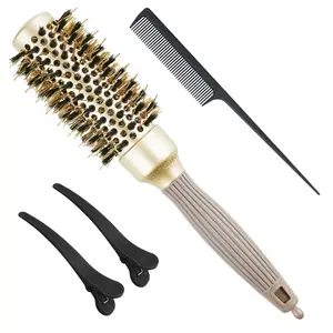Round Brush for Blow Drying Round Hair Brush with Boar Bristles Nano Thermal Ceramic & Ionic Tech Hair Large Round Barrel Brush for Styling Curling Add Volume & Shine 2.4 inch +2 Clips +1 Comb