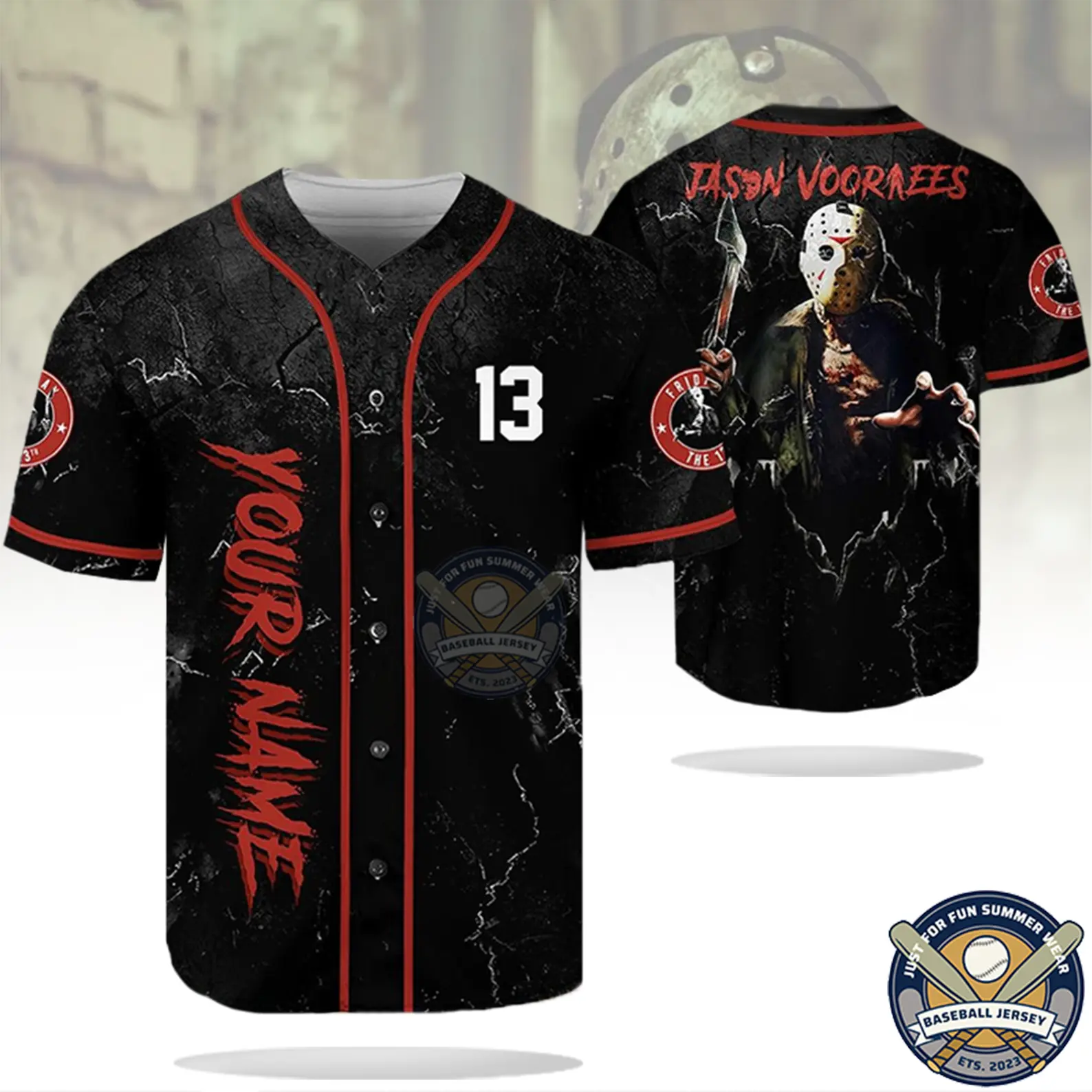 Custom Jason Voorhees Friday The 13th Baseball Jersey Black Red Horror Movie Fan Shirt Personalized Name Number Lightweight Breathable Short Sleeve Casual Streetwear Sports Top Unique Gift for Men and Women