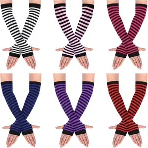 NTRJME 4/6 Pairs Long Fingerless Gloves for Women Knit Thigh High Striped Arm Warmer Thumb Hole Stretchy Gloves Fashion Accessories