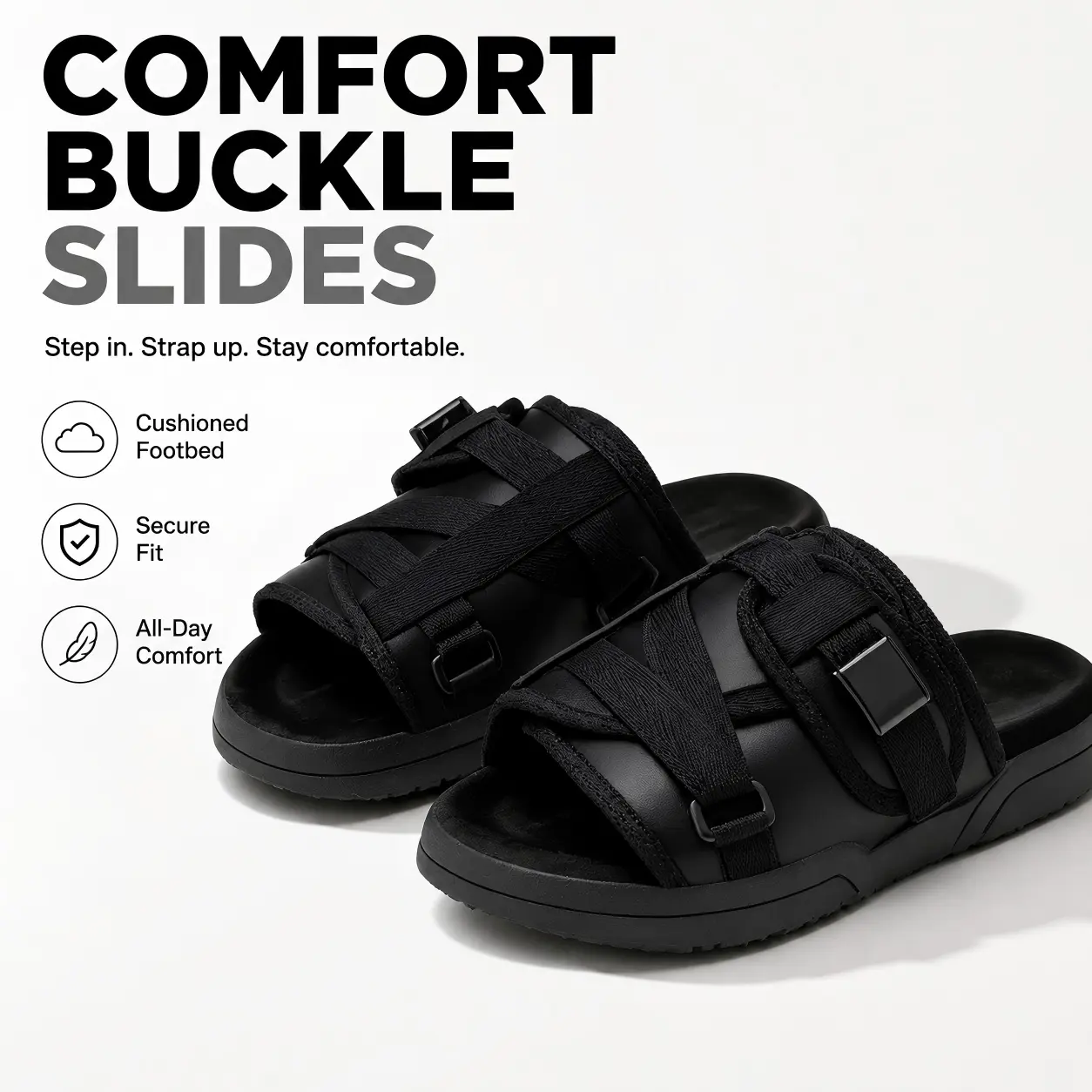 Men's Black Comfort Buckle Slides - Adjustable Strap Footwear, Soft Cushioned Footbed Slip-On Shoe, Casual Walking Sandals for Beach Use, Walking Shoes
