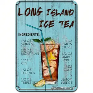 Aluminum Cocktail Bar Sign with Long Island Iced Tea Recipe Vintage Wall Art for Home Pub and Man Cave Decor