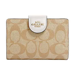 COACH Corner Zip 13 Snap-Fold Leather Wallet for Women in Light Brown Monogram with White