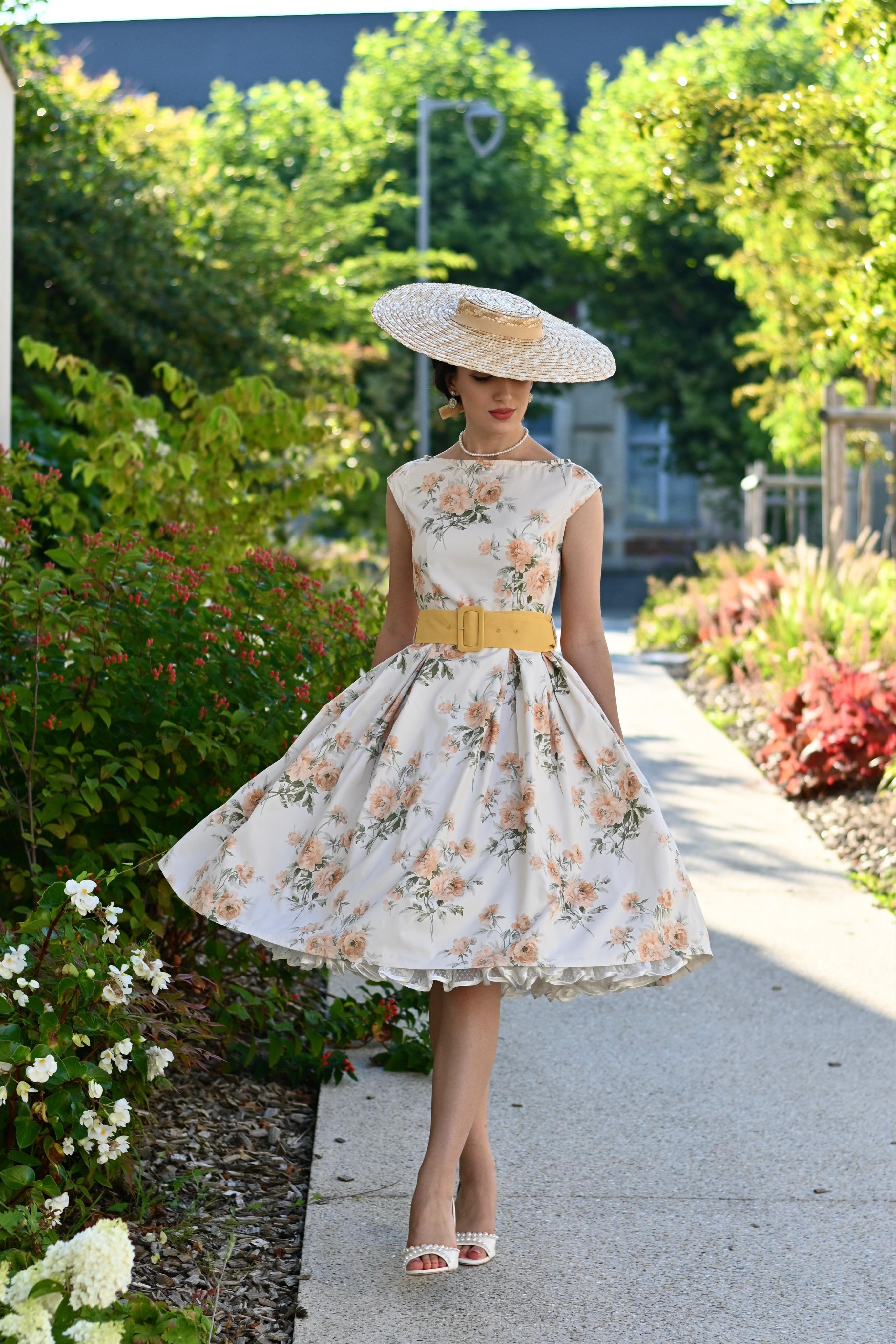 Yellow 1950s Boat Neck Antique Floral Dress Spring Vacation Womenswear Fitted Casual Sleeveless