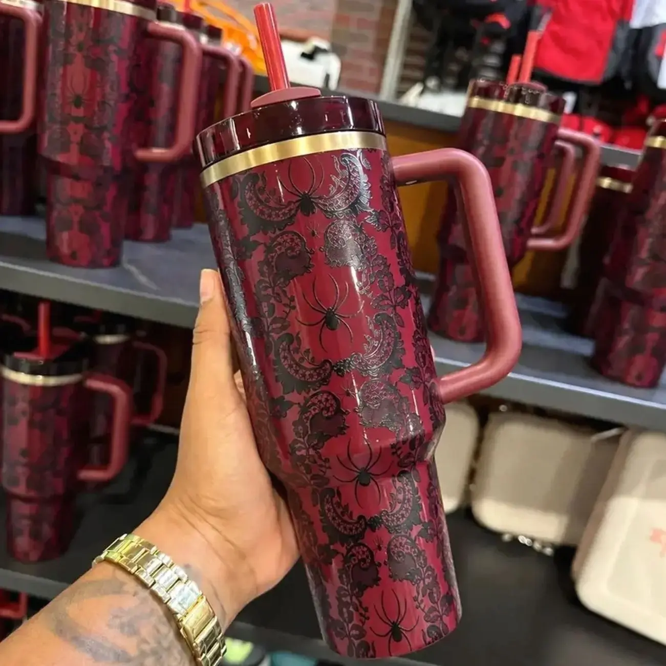 Gothic Burgundy Spider 40oz Tumbler with Handle and Straw, Black Floral Halloween Stainless Steel Cup, Spooky Gift