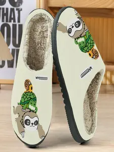 Cute Sloth Turtle Cotton Slippers, Cartoon Animal Illustrations, Soft Plush Lining, Warm Home Shoes for Pet Lovers, Fall & Winter
