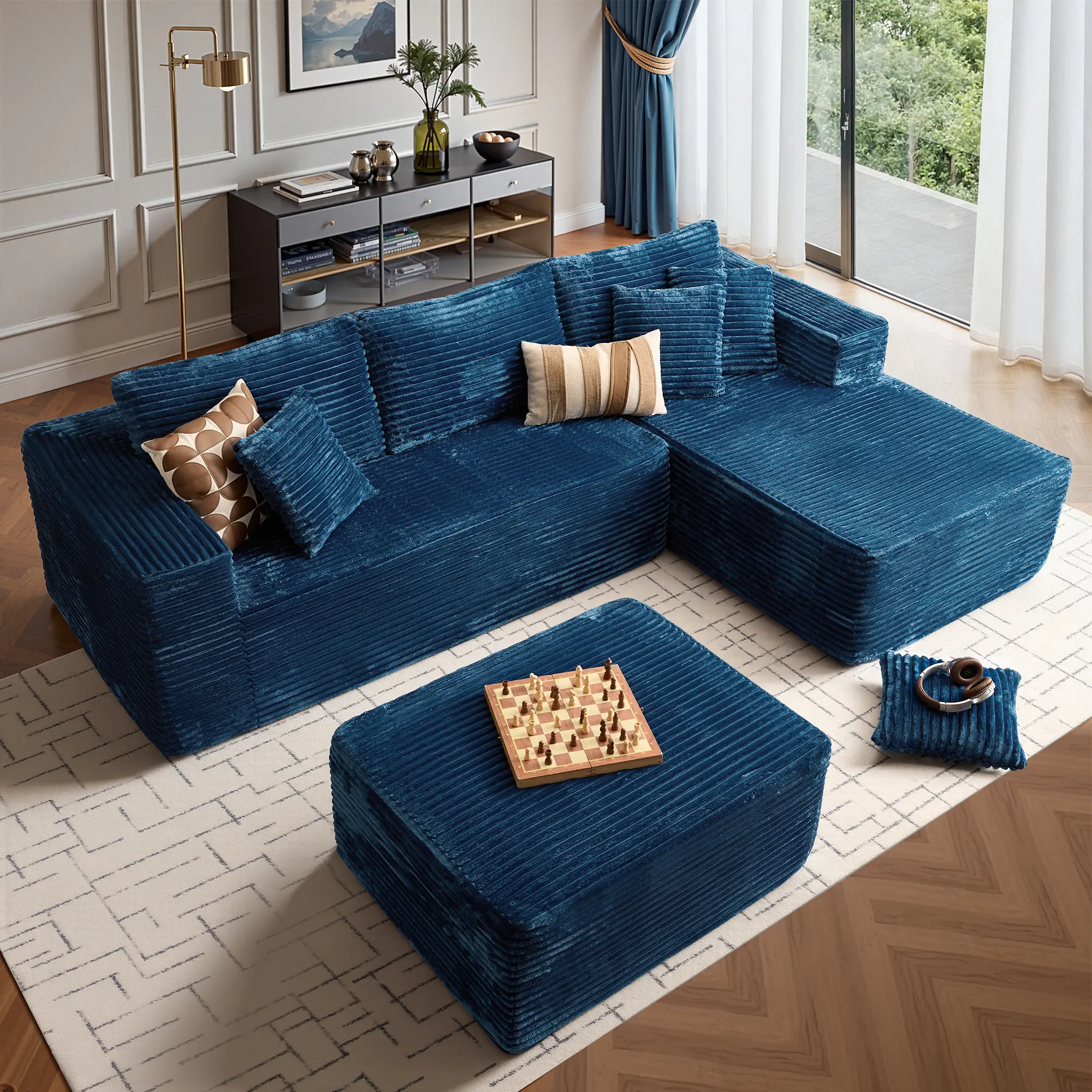 Blue Right-Chaise Sofa with Ottoman