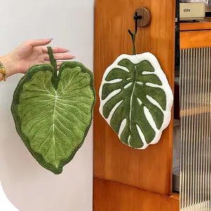 2pcs Cute Leaf Shaped Hand Towel with Hanging Loop, Thickened Coral Hand Towel, Monstera Leaf Bath Towel, Soft Absorbent for Bath & Kitchen