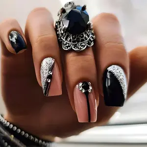 Glitter Elegant Rhinestone Decorated Fake Nails with Nail File & Tape, 24pcs Short Square Press on Nails for Women DIY Nail Art, Stick on Nails Kit, Glitter Rhinestones