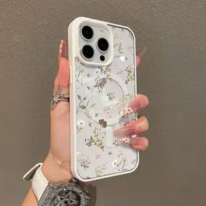 Magnetic Protective Case for iPhone 17 16 E Pro Max 15 Plus 14 13 12 11 XS XR, Girly Neutral Floral Design | Shockproof, Silicone, Stylish, Trendy, and Scratch Resistant