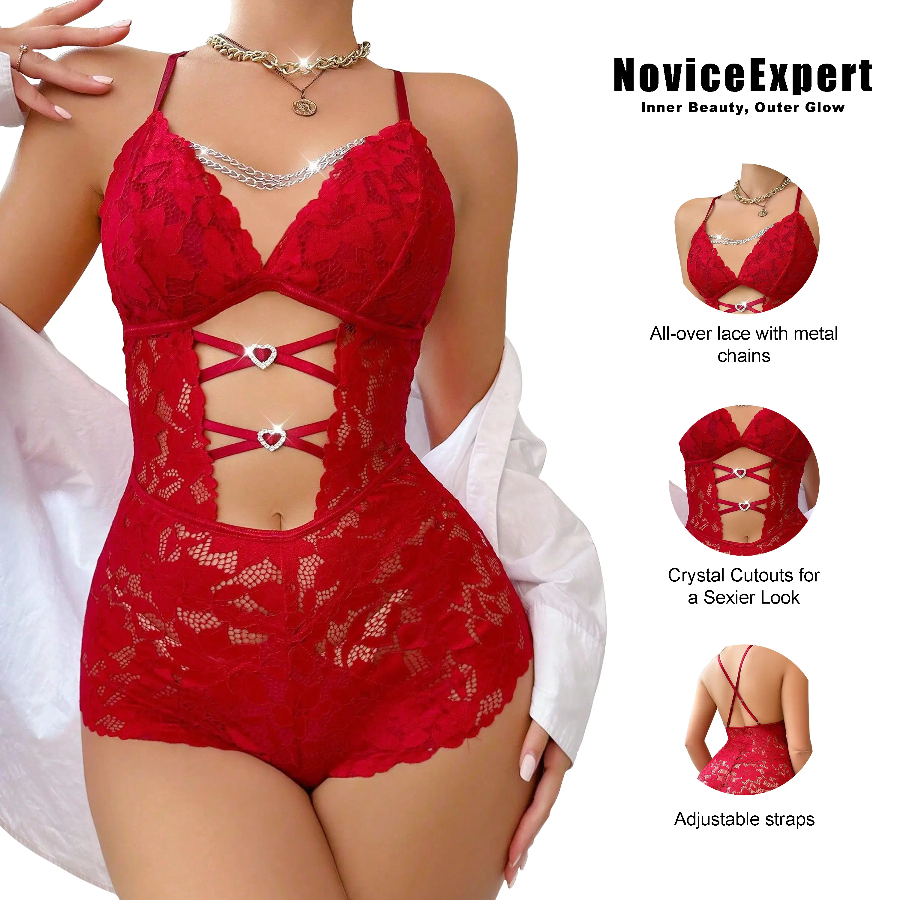 Women's Floral Lace Teddy Lingerie Romper, 1-Piece Hollow Out Bodysuit with Chain Detail and Crisscross Straps, Romantic Nightwear