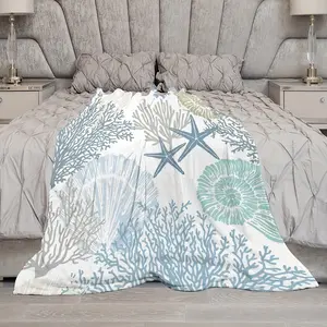 Open 1pc Coastal Blanket, Beach Flannel Blanket, Ocean Nautical Coral Starfish Super Soft Decorative Comfortable Bed Blanket