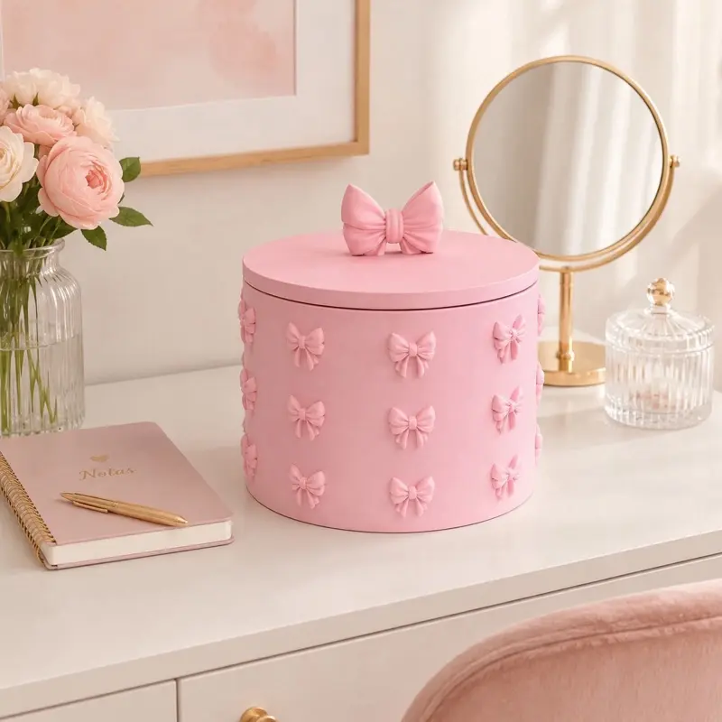 Pink Bow Storage Box with Lid | Jewelry & Accessory Organizer | Cute Vanity Decor