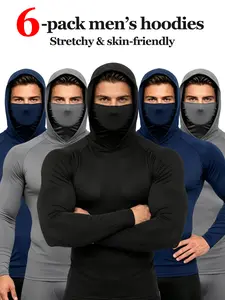 6 Pack Men's Hooded Compression Shirts with Face Mask, Stretchy Skin Friendly Long Sleeve Athletic Running Balaclava Hoodies for Workout Cycling