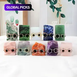 Random Color Natural Crystal Gemstone Pet Figurines with Glasses, 1/3/5 Counts DIY Handmade Crystal Carving Fengshui Sculptures, Pet Memorial Ornaments, Home Garden Decor Natural Crystal Set #GLOBAL PICKS