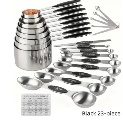 Sturdy Rust-Resist Steel Nesting Measuring Cup and Spoon Set with Handles - 17/23 Pieces, Color-Coded Stackable Cups, Etched US/Metric Dual Marks, 0-500ml Range, Silicone Fridge Sticker, Mini Coffee Utensils for Kitchen Organization