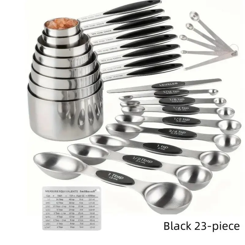 Sturdy Rust-Resist Steel Nesting Measuring Cup and Spoon Set with Handles - 17/23 Pieces, Color-Coded Stackable Cups, Etched US/Metric Dual Marks, 0-500ml Range, Silicone Fridge Sticker, Mini Coffee Utensils for Kitchen Organization