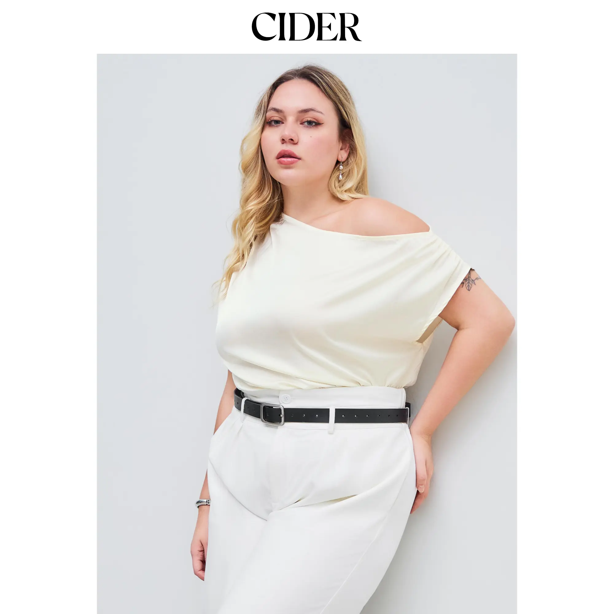 Cider Women's Fitted Satin Asymmetrical Neck Solid Ruched Bodysuit - 4 Colors, Size 0-26, Curve & Plus Sizes, Asymmetric Look, Curve Fit, Ruching Detail