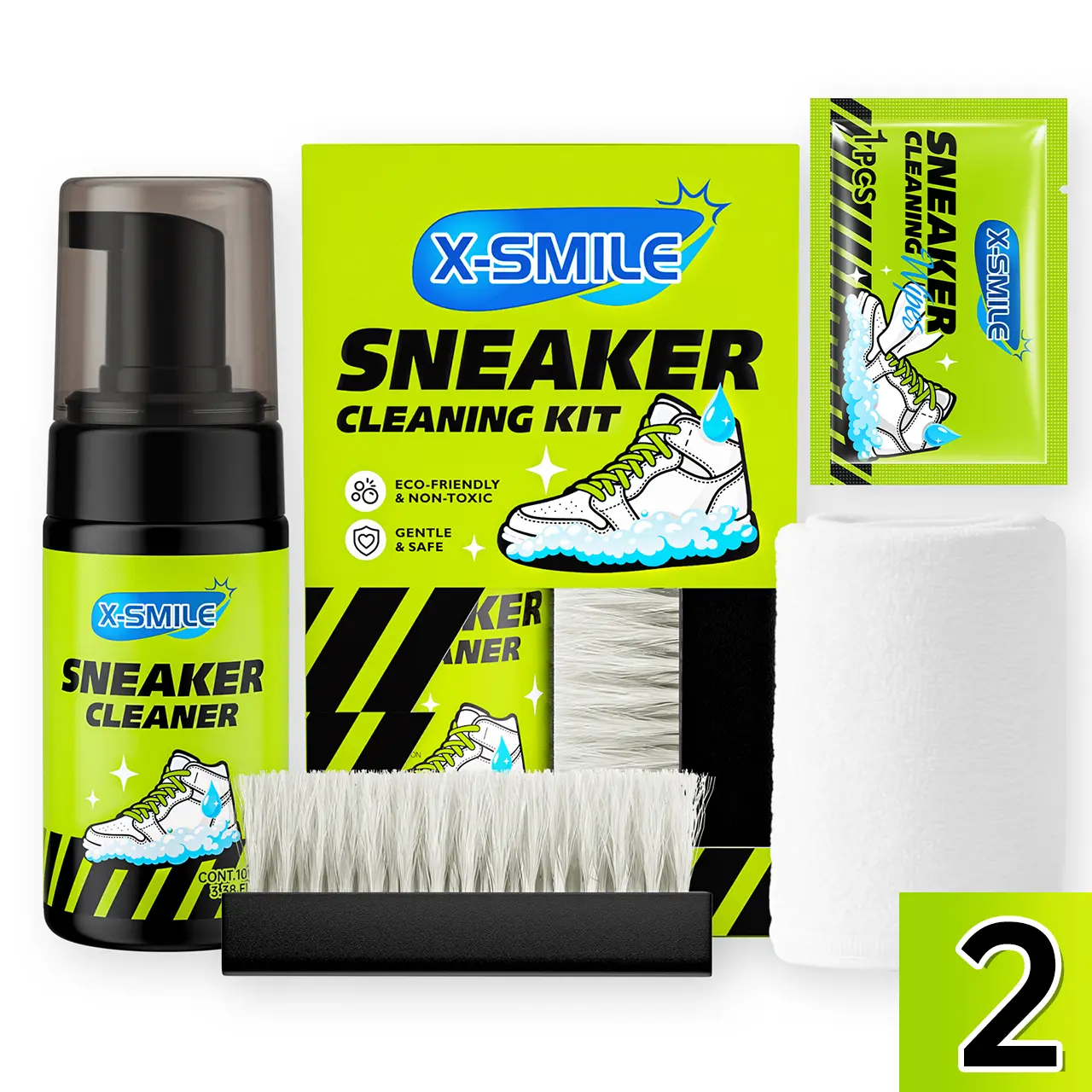 XS-SMILE athletic shoe/sneaker cleaning foam – no rinsing required, removes dirt easily; includes built-in cleaning tools; suitable for various shoe materials