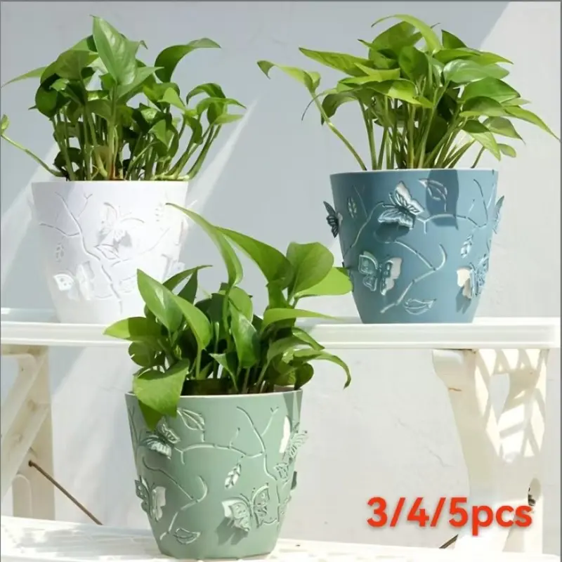 3-5pcs indoor and outdoor balcony decorative flowerpots, Plastic Planters, household garden supplies with butterfly accessories, cartoon butterfly desktop self-absorbent plastic color flowerpots, Garden Planter