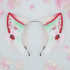 Strawberry Cat Ears Headband - Faux Fur Neko Ears with Bows & Charms for Lolita Fashion, Cosplay, and Kawaii Aesthetic