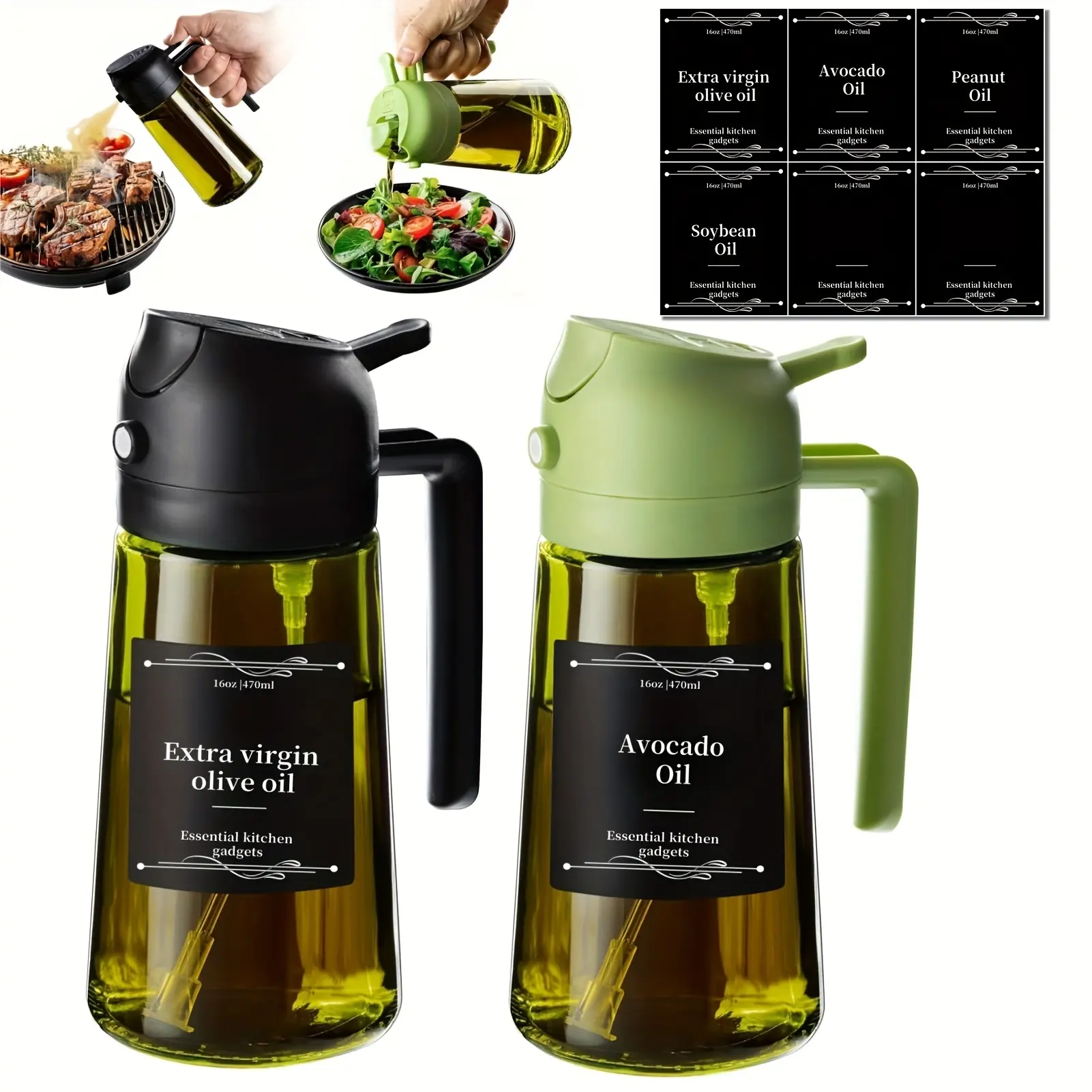 2pcs Kitchen Glass Olive Oil Dispenser Bottle, 2-in-1 Oil Bottle and Cooking Sprayer, 16oz Dark Green Glass Oil Bottle, oil dispenser for kitchen with 6pcs Stickers, Cooking Oil Container, Kitchenware, Kitchen Gadgets, Olive Oil Bottles