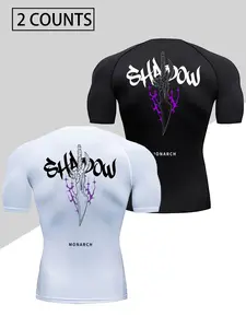 [Swords and English Print] Men's Two-Piece Quick-Drying Athletic T-Shirt Set, Athleisure wear set - Elastic fitness training top, moisture-wicking sportswear, suitable for running, training, breathable fabric, sporty and stylish look, comfortable fit