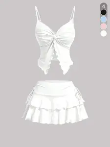 Two-Piece Set Women's Solid Color Sleeveless Tie Shoulder Short Crop Top & Side Tie Skirt, Casual Fashion Outfits for Daily Wear, Ladies Summer Clothes, Suits