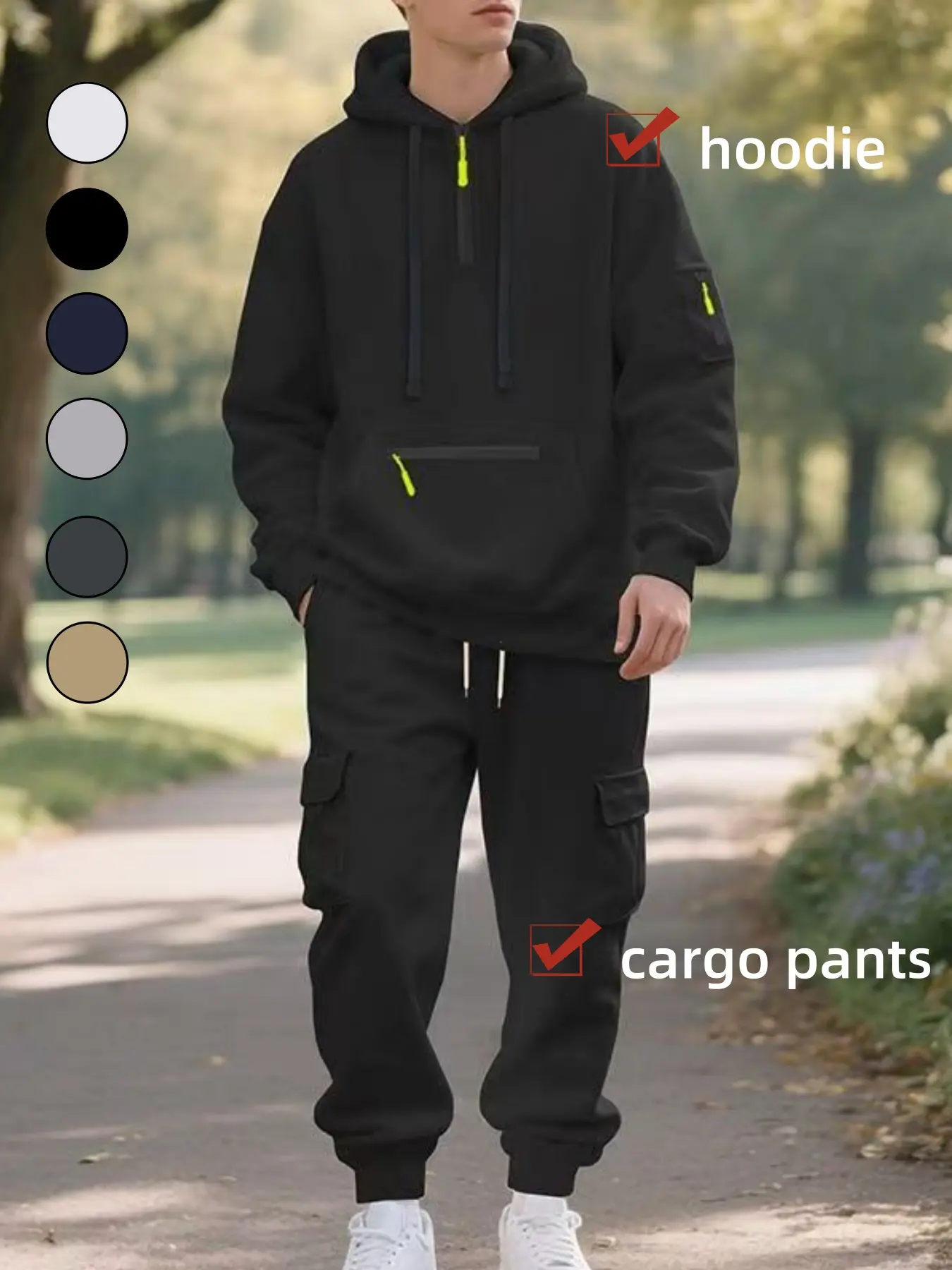 fall outfits Autumn and winter trendy men's hooded sweatshirt and pants set, with contrasting color zippers and multi-pocket design for cargo pants. It is suitable for both daily leisure and outdoor sports. Essential for men.