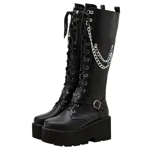 Women's Knee High Goth Platform Buckle Boots Chunky High Heel Lace Up Punk Combat Boots with Chain