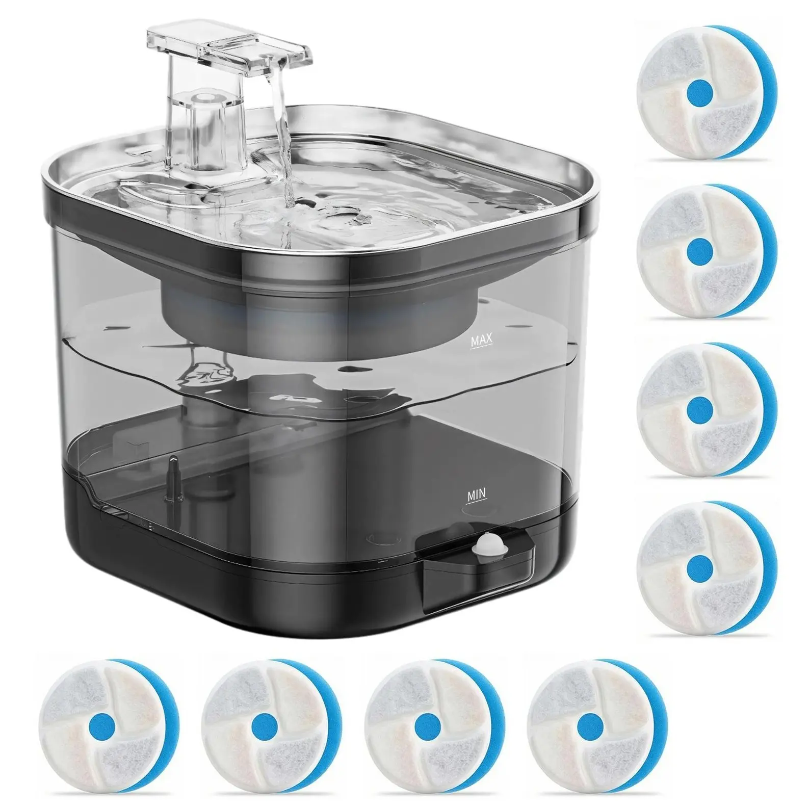 2.2L Stainless Steel Wireless Cordless Automated Cat Water Fountain - Rechargeable Ultra-Quiet Pump Motion Sensor Dispenser, 4-Stage Filtration, 8 Free Replacement Filters, 1 USB Cable, Small Dog Compatible, Healthier Than Plastic, All-Season Clean Water