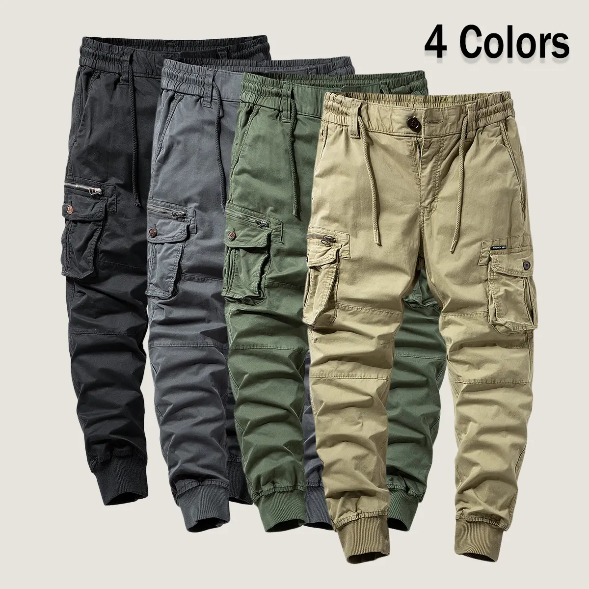 Men's 2-Pack Loose-Fit Stretch Solid Cargo Pants, Casual Menswear Clothes with Multiple Pockets, Elastic Mid-Waist Cotton Knit Tactical Trousers for Outdoor Wear (Gray + Black)