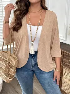 ROSE Plus Size Women's Knit Cardigan, Solid Irregular Hem Casual Jacket, Spring Fashion Layering for Travel & Leisure, Comfortable and Trendy Plus Size Style, Womenswear Tops Lightweight Knitwear