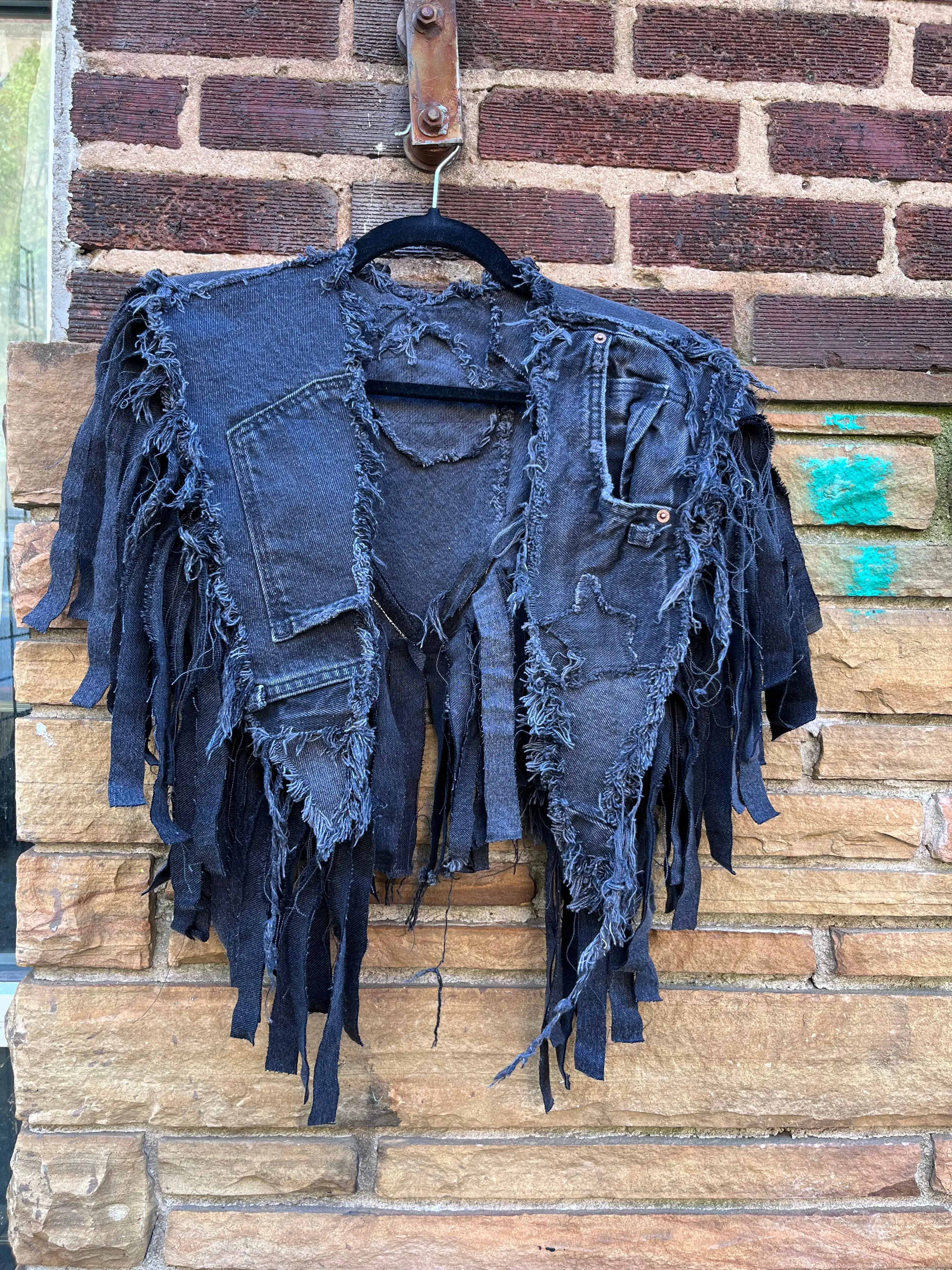 Custom Black 2 Pocket Fringe Denim Poncho