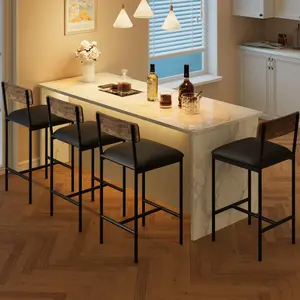 Bar Stools Set of 4, Kitchen Bar Stools with Footrest, 25.5 Inches Upholstered Bar Chairs with Back, 4 Counter Height Barstools for Counter Bar, Island, Easy Assembly, Rustic Brown