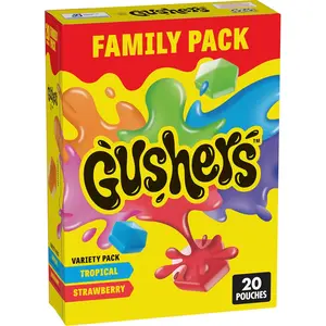 Gushers Fruit Flavored Snacks Family Pack, Tropical & Strawberry Flavors, Gluten Free Gummy Kids Snack, Bursting Juicy Center,20 Pouches, 16 oz Total
