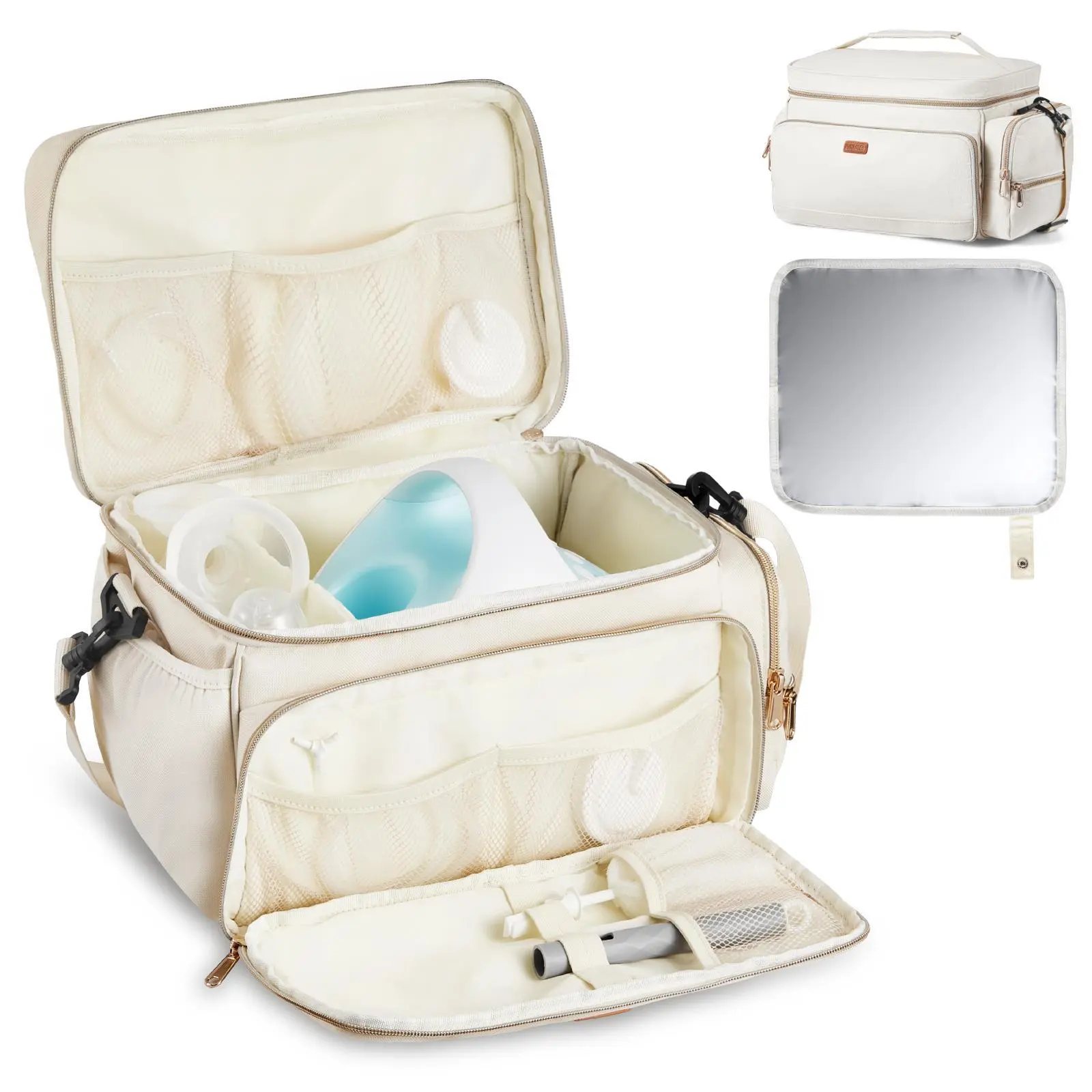 VEVOR Breast Pump Bag for Working Moms, EVA Insulated Portable Carrying Case with Waterproof Mat, Mesh Pockets, Built-In Organizer, Roomy Layout, Fits S1/S2, Pump Accessories & Breastmilk Storage (Beige)#SohoChic