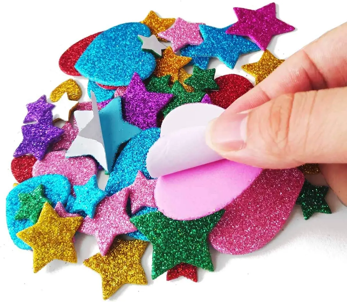 260 Pieces Colorful Glitter Foam Stickers Self Adhesive Stars Mini Heart Shapes Glitter Stickers, Arts Craft Supplies for Greeting Cards Home Decoration Stars&Heart Shapes