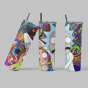 [Bar] Vintage Rick and Morty Cartoon 20oz Stainless Steel Tumbler with Handle – Cartoon Network Fan Insulated Mug, Rick Sanchez, Morty Smith Style Cup, Leakproof Travel Gift