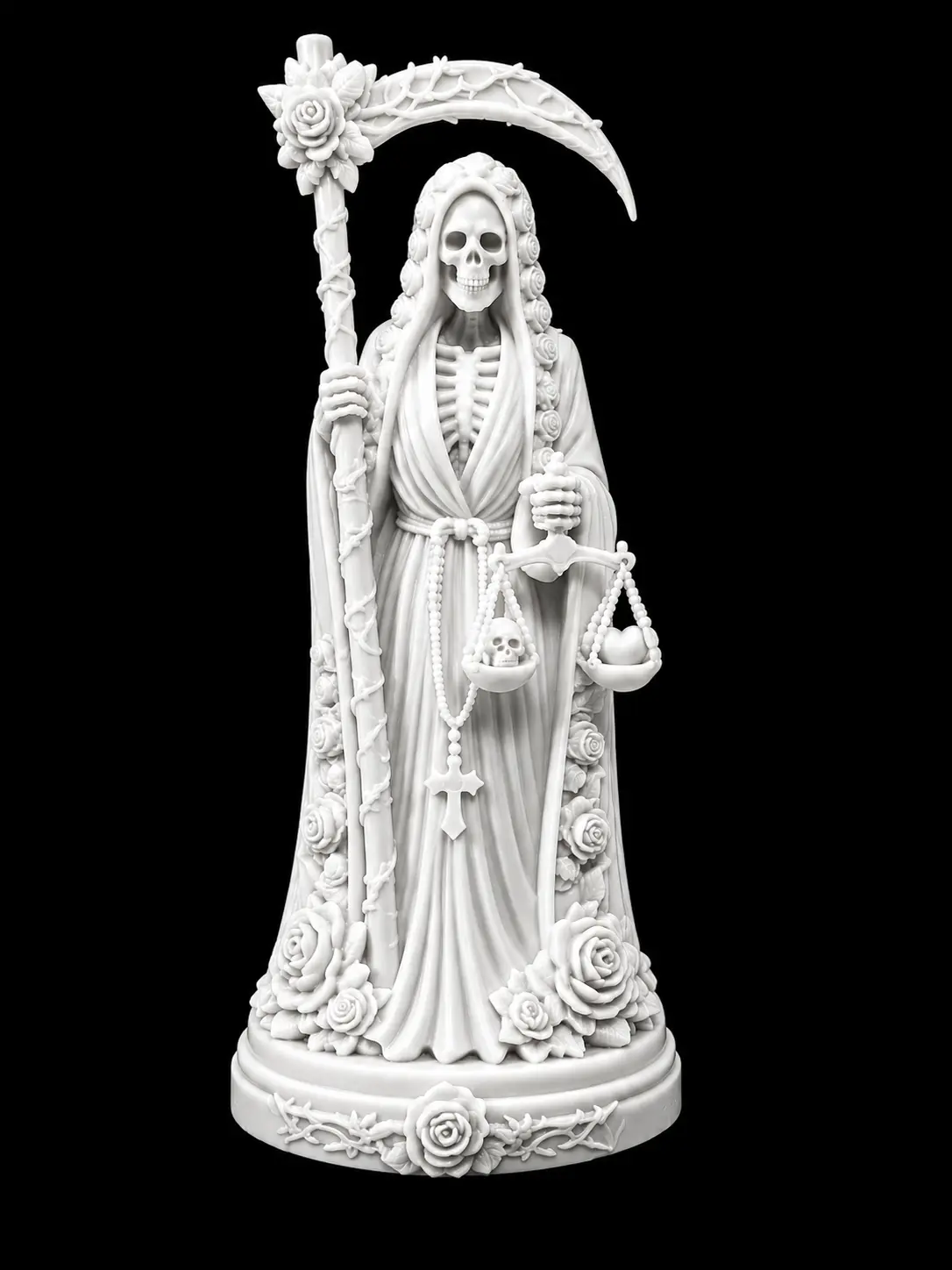 Gothic Religious Santa Muerte Justice Statue with Scythe, Scales, Heart, Skull & Rose - 3D Printed Boxed Multi-Size Devotional Altar Home Decor Figure