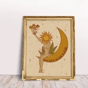 Vintage Moon and Sun Wall Art Mushroom Art Print Psychedelic Wall Decor Retro Cottagecore Decor Celestial Fungi Art 70s vintage poster, No Frame