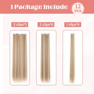 12Pcs Clip-In Straight Synthetic Hair Extensions Brown Natural Soft and Seamlessly Blending Long Hairpieces Increase Volume and Length for Women