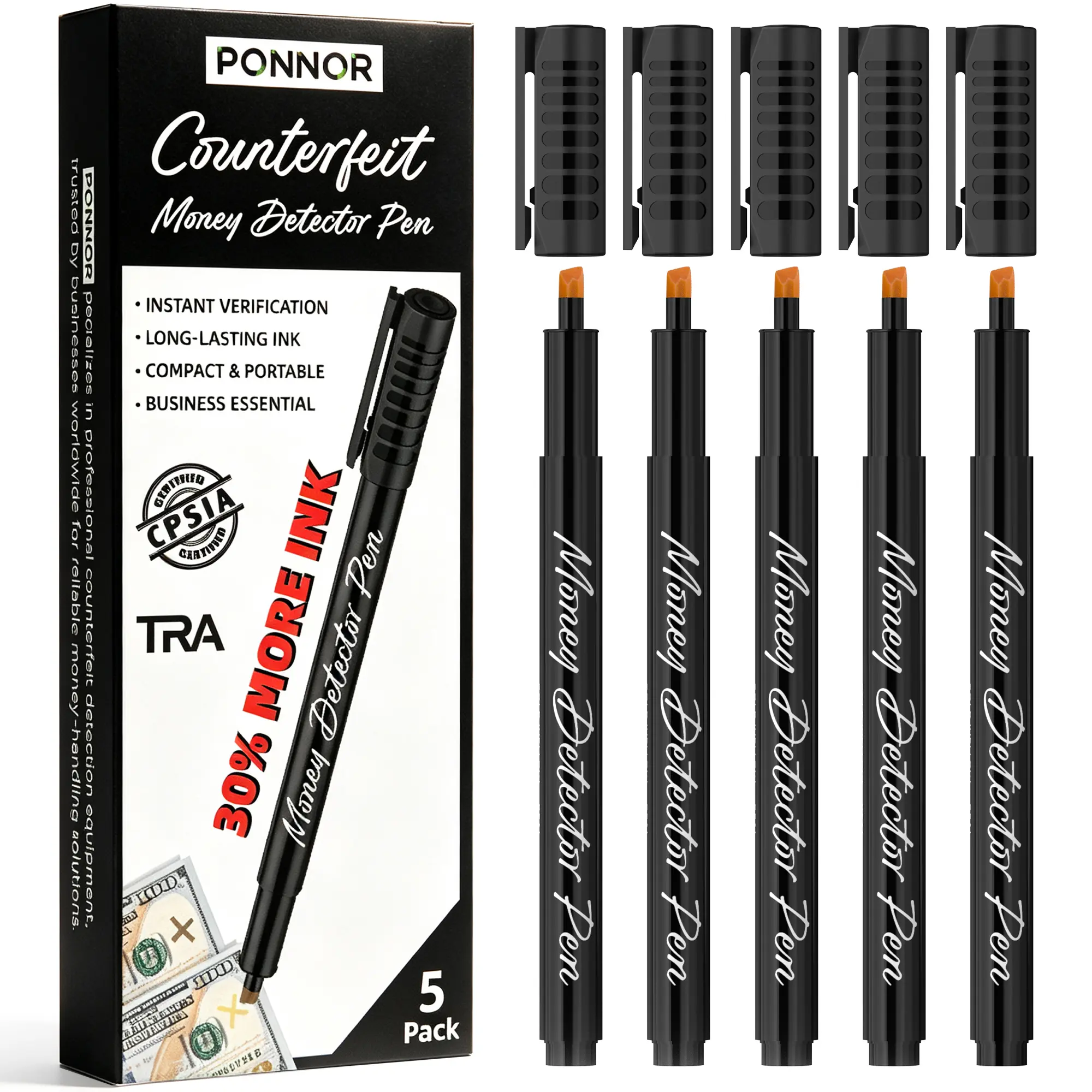 PONNOR  Fake Bill Detector Pen (5-Pack) – Upgraded Chisel Tip, Quick Pass/Fail Results, Universal Counterfeit Detection Kit