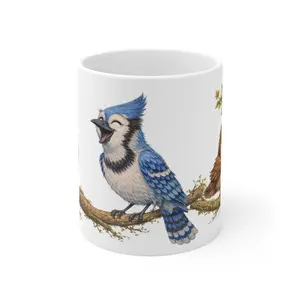 Singing Cardinals and Blue Jay Mug | Bird Illustration Ceramic Coffee Cup