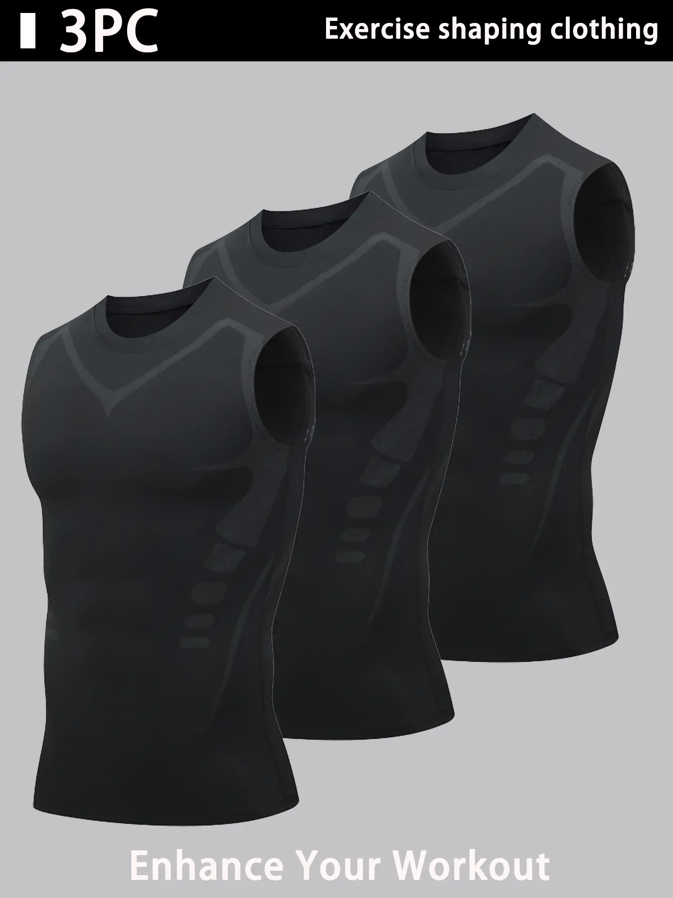 3 Pack Black Men's Muscle Tank Tops, Snug Fit Compression Sports Base Layers