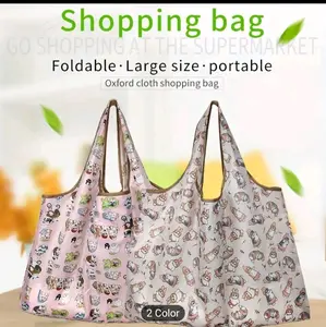 Cute Cat Big Size Thick Nylon Large Tote |  ECO Reusable Polyester Portable Shoulder Women's Handbags Folding Pouch Shopping Bag Foldable