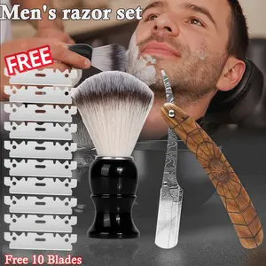 Men's Razor Set with Foaming Brush & Wooden Spider Handle Premium Stainless Steel Barber Shaving Kit Free 10 Blades for Smooth Shave Single Blade Precision