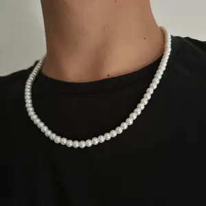Single Layer 8MM Width Men's Pearl Necklace, Round Bead Collarbone Chain, Pearl Necklace