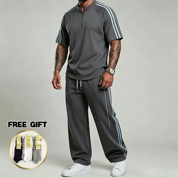 Men’s set featuring panel construction with side stripe design; casual loose short-sleeve top and long pants with an elastic waistband, suitable for gym workouts and everyday wear—casual sportswear.