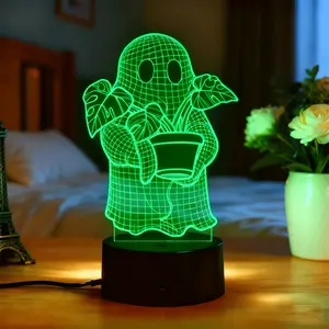 Ghost and Monstera Leaf-Shaped 3D Night Light, Battery/USB Powered, 6-Color Light Source, Touch-Sensitive Ambient Lamp, Decorative Table Lamp for Home Bedrooms and Living Rooms.